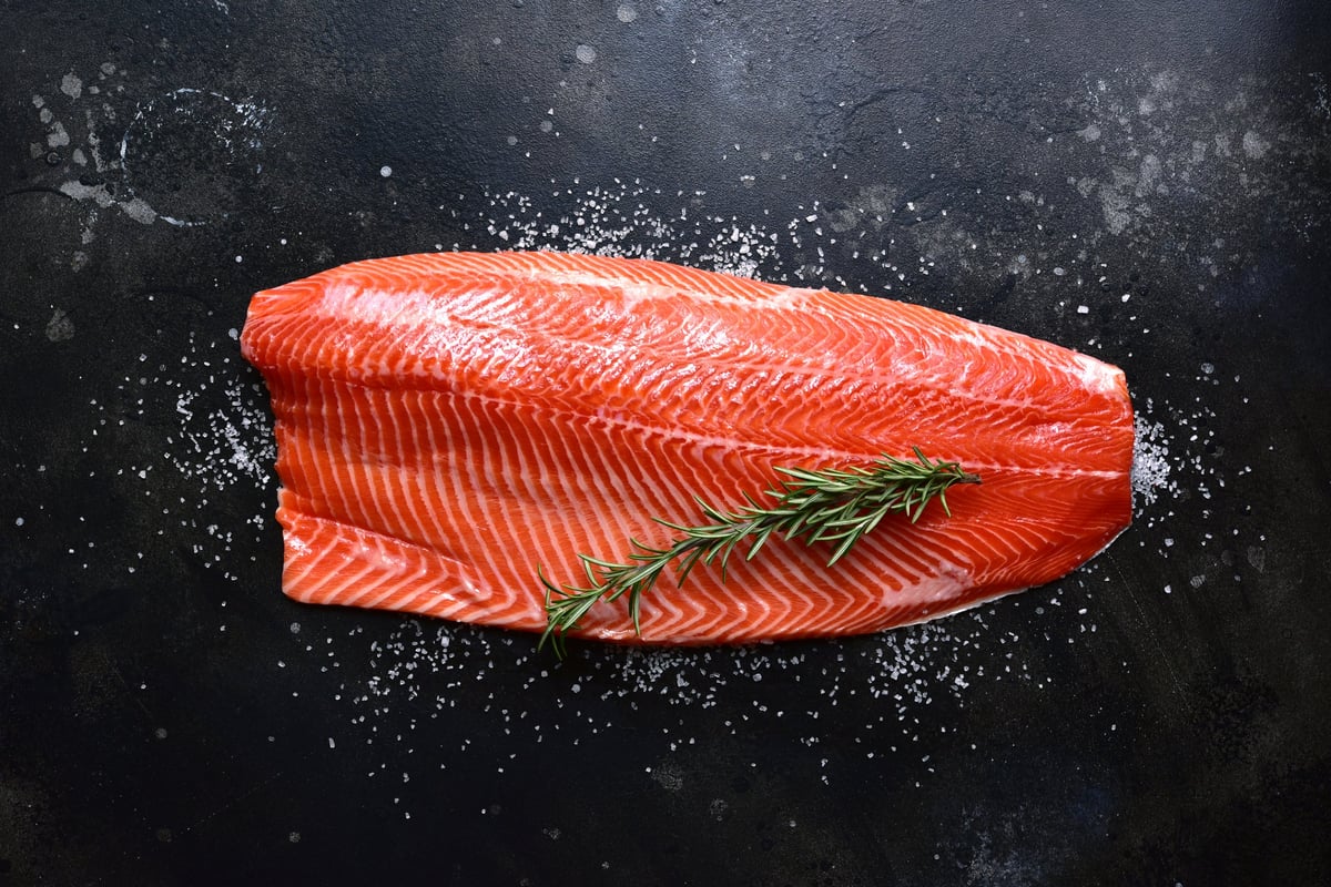 Fresh salmon fillet with spices on a dark slate
